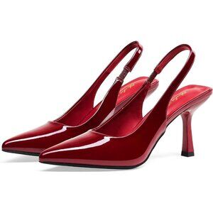 Women Brown Wine Red Satin Pointed Closed Toe Slingback Mid Heels Stiletto Pumps